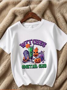 Camiseta gráfica negra de manga corta para niño con cócteles festivos y espeluznantes,linternas Jack-O-Lantern y diseño de calavera. Perfecta para Halloween y ropa informal. - Blanco - Ver 1