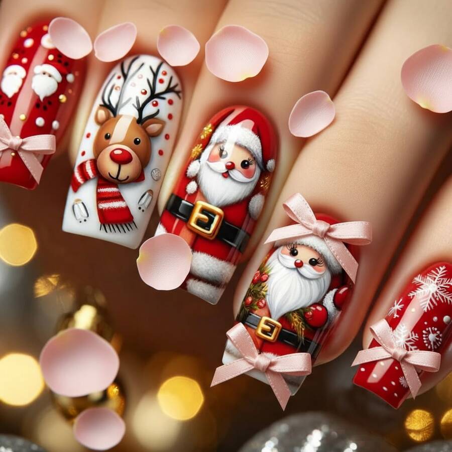Christmas Best-Seller Cute Cartoon Press On Nails |   Santa, Snowflake & Reindeer Design