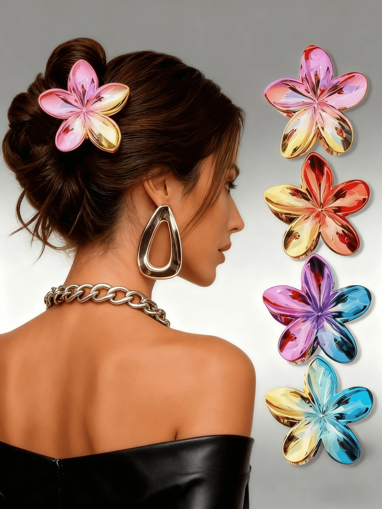 2025 New Arrival Faux Metal Electroplated Dual-Tone Plumeria Hair Claw Clips, Shark Shaped Floral Hair Clips, Suitable For Vacation, Travel, Party, Birthday, Office, Beach, Bun Updo Winter Hair Accessories Flower Hair Clutch