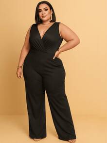Women's Jumpsuit Tank Top Plus Size Ribbed And Spandex V-Neck Plain Wide Leg Pants Casual Fashion Chic Modern - Black - View 1