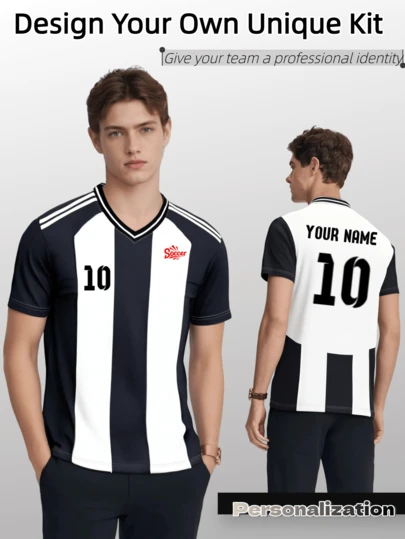 1pc Customized Men's Black & White Striped Football Training Jersey - Personalized With Name & Number (Front/Back) - Quick-Dry Breathable Sportswear - Classic Striped Design, Suitable For Football, Volleyball, Basketball, Casual Wear. Great Gift For Halloween, Thanksgiving, Christmas And New Year.