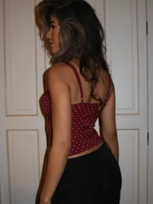 Women Camisoles Dot Print Lace Trim Tie-Up Front Casual Tank Tops Summer Fashion Sleeveless Tops Streetwear - Đỏ - Xem 4