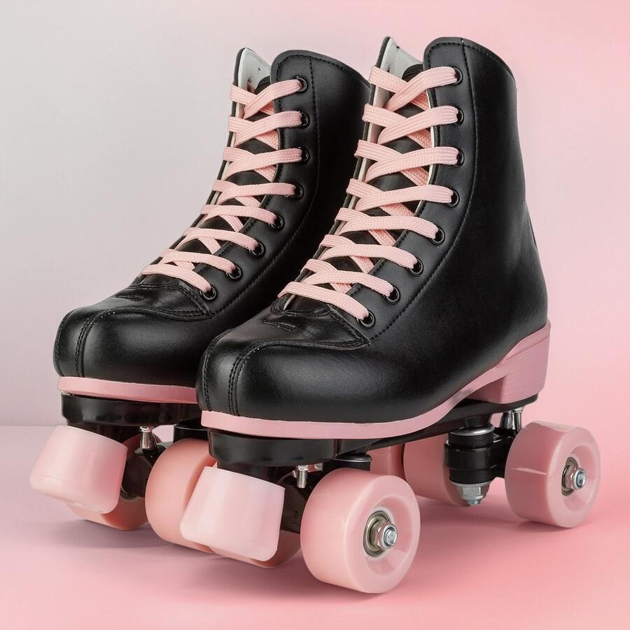 Milky Way Women's Light-Up Roller Skates Men's/Adult/Beginner Outdoor 4-Wheel Skates Classic Double-Row Roller Skates Christmas Gifts - 黑粉紅色 - 查看 1