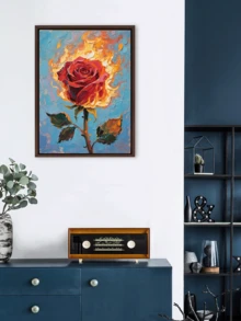 Pintura de aceite de rosa en llamas - Arte de pared abstracto y colorido de una flor, obra de arte moderna y romántica para sala de estar, dormitorio, oficina, regalo de decoración del hogar, pegatinas de pared, decoración de habitación, decoración de pared, pegatinas de pared, decoración de dormitorio, decoración de cocina