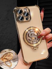Luxury Electroplated Transparent Gold Phone Case, Creative Dollar Sign Holder, Rhinestone Shiny Y2K Style, Shockproof, New Summer Fashion Silicone Soft Protective Case Compatible With Iphone 16/16E/15/14/13/12/11/X/XS/XR/8/7 Plus/Pro/Max/Mini, Galaxy S24/S25 Ultra, Compatible With Xiaomi Redmi, Honor, OPPO Reno, MOTO Infinix Women 2025 - Gold - View 3