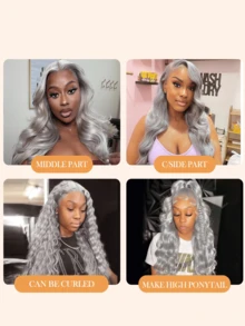 Peluca gris de onda corporal de 32 pulgadas con encaje transparente de 13x4 en la parte delantera, cabello humano brasileño Remy pre-arrancado con cabello de bebé, adecuado para festivales de música, fiestas, cosplay y disfraces de bruja, princesa, hada y sirena para todas las estaciones