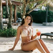 LARA VIVA Stylish Bikini Set With Thin Straps And Side Tie - 米色 - 查看 4