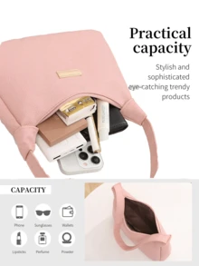 荔枝纹 PU 女包，时尚女士单肩包，纯色合成皮革手提包，拉链开合，带腕带，涤纶内衬，多功能腋下饺子包，荔枝纹亮片装饰腋下包，小众设计手提包，单肩包，街头风格手提包 - 彩色 - 查看 9