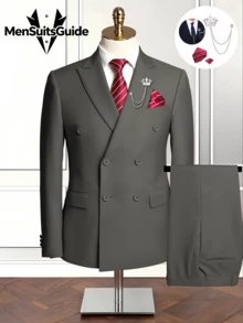 Men's Formal Suits 6 Pieces Tuxedos Set, Men's One Button Jacket Slanted Lapel Vest Pants Suit Set With Tie Brooch Pocket Square For Business Dinner Wedding Party, Suitable For Formal Occasions, Perfect Gift For Business Professionals Spring/Summer/Fall, Formal Attire|Sleek Formal Attire|Nonstretch Fabric - 灰色 - 查看 14