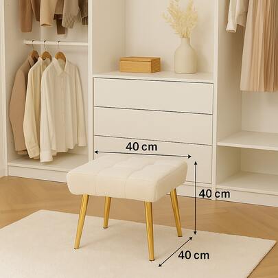  ENTRENUDOS Taburete cuadrado otomano beige con patas doradas, taburete de tela borrego moderno para vanity, recámara, closet, sala de espera u oficina – reposapiés decorativo 40x40x40 cm