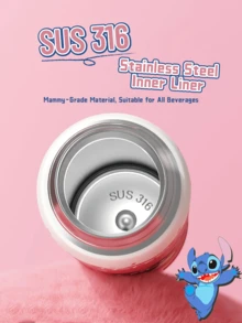 STITCH Double Drink Thermos Flask 500ml, Double Lid Design, One-Click Quick Open, Anti-Leak, SUS316 Stainless Steel Inner Liner, High-Quality Material, Cute Cartoon Design, With Portable Strap - Keep Warm/Cold For Daily, Outdoor & Travel Use