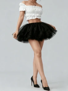 白色黑色蓬松薄纱洛丽塔衬裙女式角色扮演舞会礼服儿童新娘无骨衬裙芭蕾舞裙万圣节 - 黑色 - 查看 1