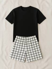 Men's Summer Pajamas With Short Sleeve Shirt And Adult Plaid Shorts - Black - View 3