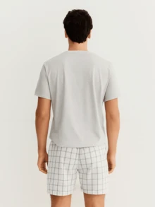 Men's Summer Pajamas With Short Sleeve Shirt And Adult Plaid Shorts - Xám - Xem 6