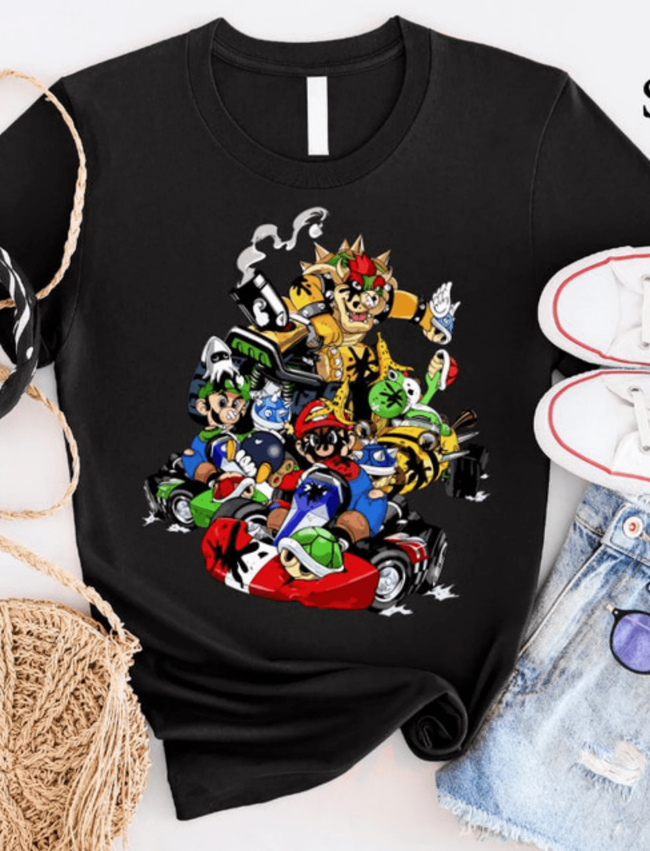 Er  Bros Kart Shirt, Er  Bowser Shirt, Video Game Shirt, Retro Er  Kart Shirt,Gaming Theme Kart Graphic Print Crew Neck T-Shirt Sweatshirt Tops Plus Size Clothes Character Collage Detail Short Sleeve Y2K Casual Style Garment Style Suitable For All Seasons Machine Washable For Business Casual And Casual Wear - màu đen - Xem 1