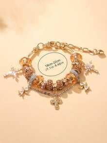 1pc Floral, Cross, Angel, Golden Leopard Print, 8mm Bead, Adjustable Bracelet, Suitable For Christmas, Valentine's Day, Gift For Friends