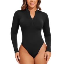 Women's Fleece Lined Long Sleeve BodysuitMock Turtle Neck Zip Up Body Suit Shirt Thermal Basic Tops Deep V Sexy Bodysuit Shirts - 黑色 - 查看 5