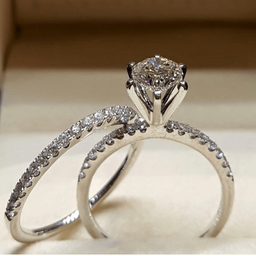 2 Stücke Damen Verlobungsring Set, modischer Legierungs-Ring mit kubischem Zirkonia Dekor, geeignet für täglichen Gebrauch, Verlobung, Hochzeit, Jahrestag, Party, Valentinstag, Geburtstag Geschenk