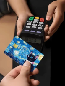 1张卡通星空猫咪银行卡贴纸，PVC创意芯片银行卡、借记卡、校园卡、信用卡保护套，艺术贴纸，卡套