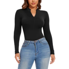 Women's Fleece Lined Long Sleeve BodysuitMock Turtle Neck Zip Up Body Suit Shirt Thermal Basic Tops Deep V Sexy Bodysuit Shirts - 黑色 - 查看 7