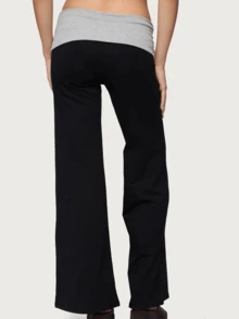 Womens Fold Over Yoga Pants Low Waist Contrast Color Wide Leg Flare Pants Sweatpants Fall Clothes For Women - 黑色 - 查看 5