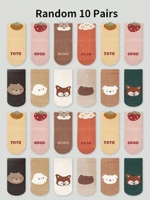 10 双随机混色卡通动物和水果印花防滑婴儿爬行袜，软底室内幼儿鞋，男女通用日式中筒袜，适合日常休闲穿着 - 彩色 - 查看 8