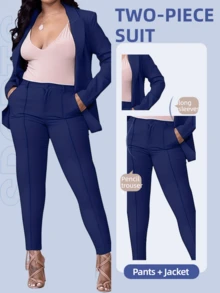 CALEBGAR [Business Suit Set For Women]Deep V Neck Blazer & Pants, Fall Winter Office Wear Professional Outfits For Work - 藏蓝色 - 查看 2