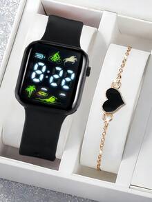 2 件/套 1 件卡通心形方形电子手表和 1 条心形手链情人节礼物圣诞礼物毕业礼物情侣礼物情侣手表手链万圣节、圣诞节、情人节、母亲节、节日礼物的最佳选择