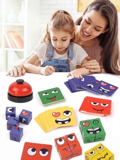 1 Pc Children's Game Toys-Face Changing Magic Cubes,Uzzle Game , Face Blocks Game Face Change Cube Game Expression Matching Block Puzzles Building Cubes Toy Puzzles Toy Family Board Games-Changing Game - 4-Player Wooden Puzzle For For Kids And Parents, Interactive Family Fun & Early Learning Toy,Suitable For All Kinds Of Children's Holiday Gifts,Games For Girls And Games For Boys