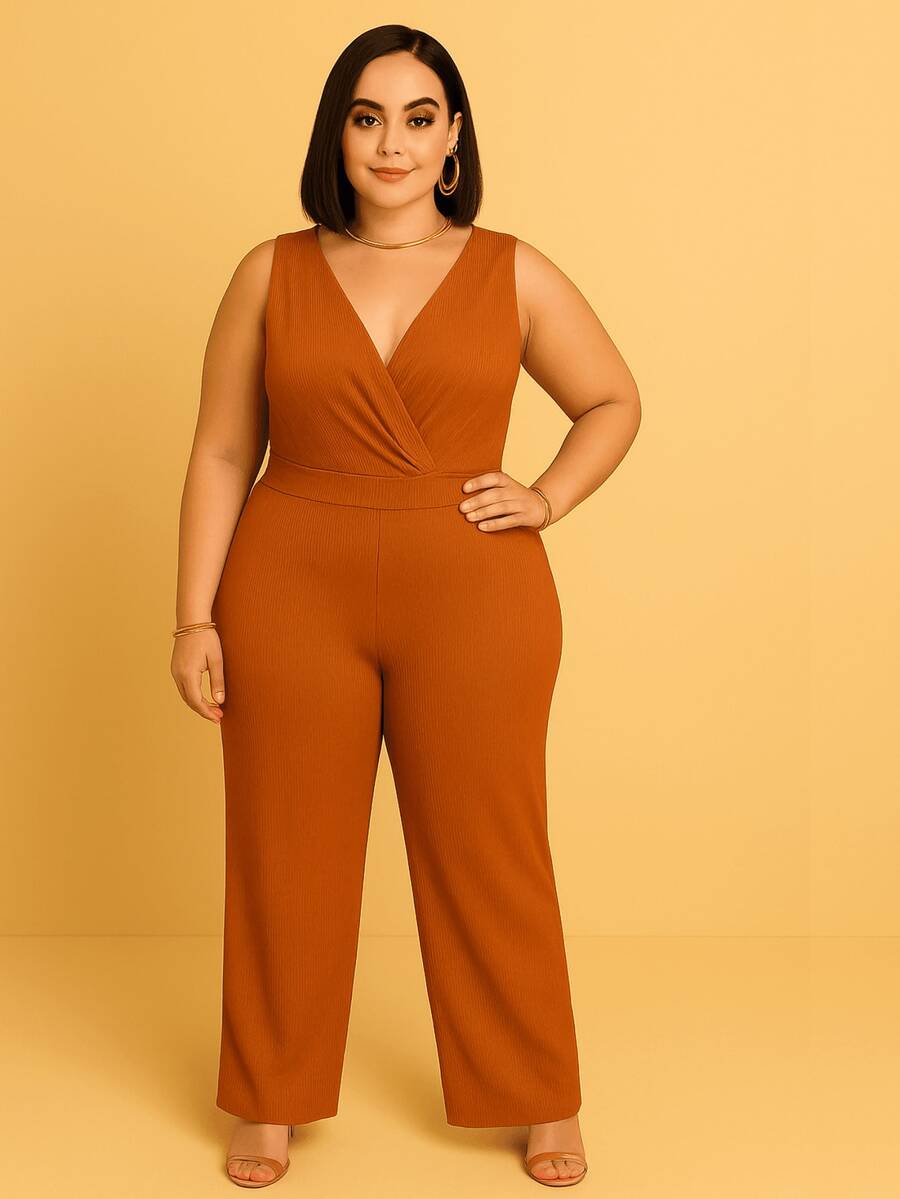 Women's Jumpsuit Tank Top Plus Size Ribbed And Spandex V-Neck Plain Wide Leg Pants Casual Fashion Chic Modern - 橘色 - 查看 1