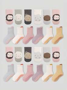 12 pares de calcetines para bebé con estampado de animales de dibujos animados de colores aleatorios, con suela suave antideslizante, aptos para uso diario - Multicolor - Ver 8