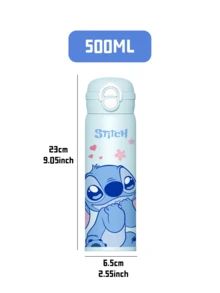 STITCH Double Drink Thermos Flask 500ml, Double Lid Design, One-Click Quick Open, Anti-Leak, SUS316 Stainless Steel Inner Liner, High-Quality Material, Cute Cartoon Design, With Portable Strap - Keep Warm/Cold For Daily, Outdoor & Travel Use