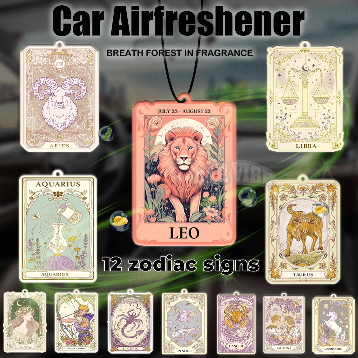 12 星座护身符卡,狮子座/处女座/白羊座/金牛座/双子座/巨蟹座/天秤座/天蝎座/射手座/摩羯座/水瓶座/双鱼座设计,汽车空气清新剂吊坠 - 卡通动漫风格,适用于后视镜、通风口夹、家居和办公室装饰、创意设计、送给朋友的创意礼物 - 彩色 - 查看 1