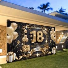 1 pieza Fondo de tela para fiesta de cumpleaños número 18, hecho de poliéster, con un diseño elegante de globos, cajas de regalo y estrellas en color negro y dorado. Es perfecto para decoración de interiores, decoración exterior, fiestas de cumpleaños y recuerdos fotográficos, y no requiere electricidad