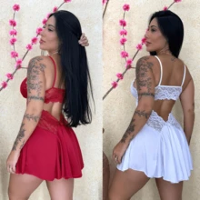 Kit With 2 Women's Sensual Ballerina  Nightgowns With Lace Red And White Nightwear - 紅色 - 查看 6