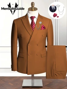 Men's Formal Suits 6 Pieces Tuxedos Set, Men's One Button Jacket Slanted Lapel Vest Pants Suit Set With Tie Brooch Pocket Square For Business Dinner Wedding Party, Suitable For Formal Occasions, Perfect Gift For Business Professionals Spring/Summer/Fall, Formal Attire|Sleek Formal Attire|Nonstretch Fabric - Brown - View 14