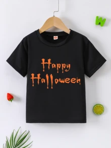 Camiseta negra de manga corta para niño con estampado naranja de "Feliz Halloween",cómoda y casual para usar en días festivos. - Negro - Ver 1