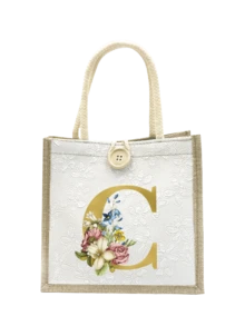 亞麻托特包，碎花亞麻鈕扣裝飾托特包，極簡大容量托特包，便攜休閒收納托特包，多功能購物袋，粉藍花卉與金色字母 A-Z，新設計，大容量，適合購物、單肩包、托特包、午餐包、便當包，女性日常使用理想之選 - 彩色 - 查看 17
