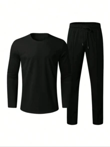2pcs Men's Casual Long Sleeve Top And Pants Set - Black - View 2