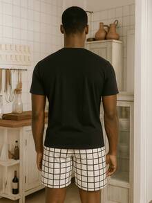 Men's Summer Pajamas With Short Sleeve Shirt And Adult Plaid Shorts - Black - View 2