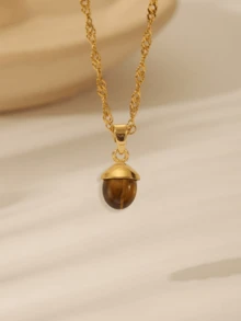 1 pieza Collar con colgante de acero inoxidable con gema vintage marrón, colgante geométrico rectangular ovalado de ojo de tigre, cadena de clavícula adecuada para uso diario y festivales o como regalo de joyería para mujeres - Marrón - Ver 4
