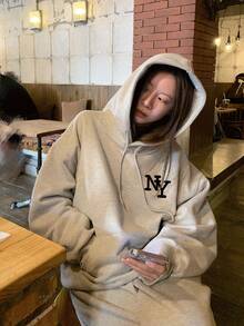 女士灰色花卉图案连帽卫衣，休闲美式宽松慵懒风卫衣，秋季字母印花连帽外套 - 花灰色 - 查看 4