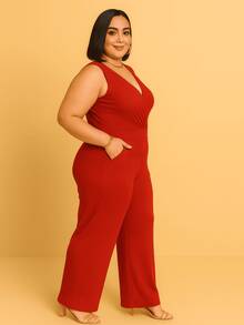 Women's Jumpsuit Tank Top Plus Size Ribbed And Spandex V-Neck Plain Wide Leg Pants Casual Fashion Chic Modern - 紅色 - 查看 2