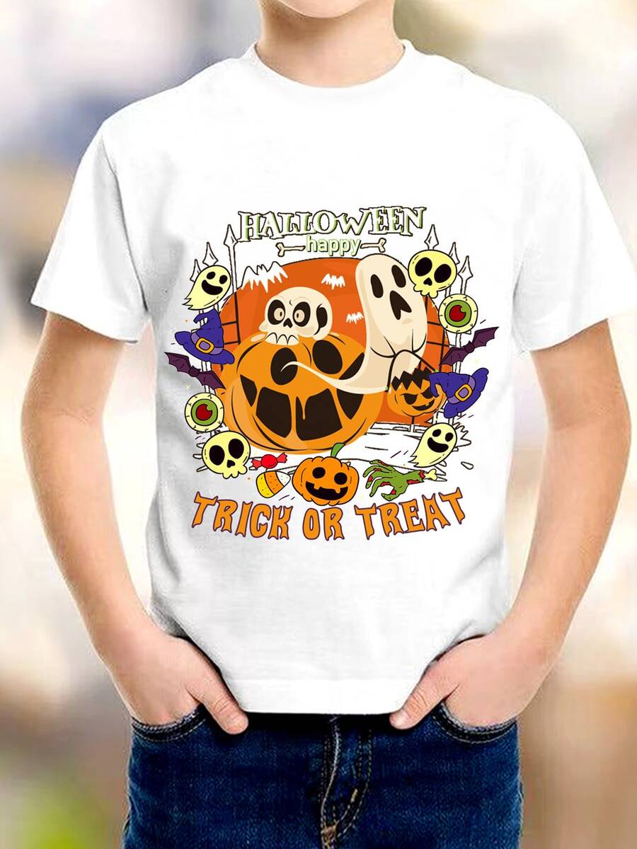 Camiseta infantil con estampado de calabaza fantasma de Halloween,diseño de dibujos animados,manga corta,cómoda tela de mezcla de algodón,disfraz de fiesta espeluznante y divertido. - Blanco - Ver 1