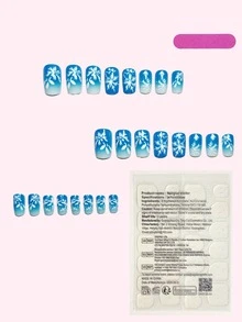 24 piezas de uñas postizas con diseño de escena nevada navideña - Diseño de copos de nieve en degradado azul-blanco, uñas postizas removibles