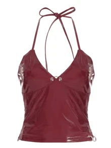Top ajustado Latex Halter sin espalda sin mangas rojo ,Ropa de calle para mujer - Rojo - Ver 5