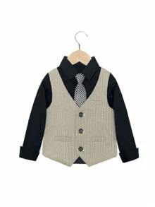 男孩新西裝套裝，花童婚禮服裝，表演服飾，英式男孩表演西裝三件套，含背心、長褲與領帶 - 駝色 - 查看 4