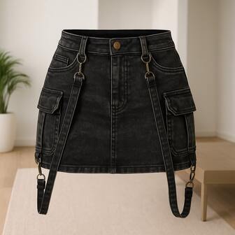 Falda-Short de Mezclilla Tipo Cargo para Mujer Joven con Tirantes – Estilo Urbano, Casual.
