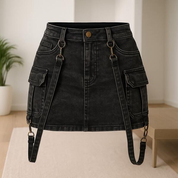 Falda-Short de Mezclilla Tipo Cargo para Mujer Joven con Tirantes – Estilo Urbano, Casual.