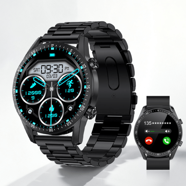 1.32" Full-Screen Touch, Includes Steel Strap & Silicone Strap, Men's Smartwatch, Outdoor Sports, Pedometer, Calorie, Multi-Sport Modes, Distance Tracking, Music Control, Remote Camera, Wireless Call, Customizable Dial, Multi-Function Smart Watch, Notification, Alarm, Weather, Compatible With IOS & Android, Suitable As Gift For Various Occasions